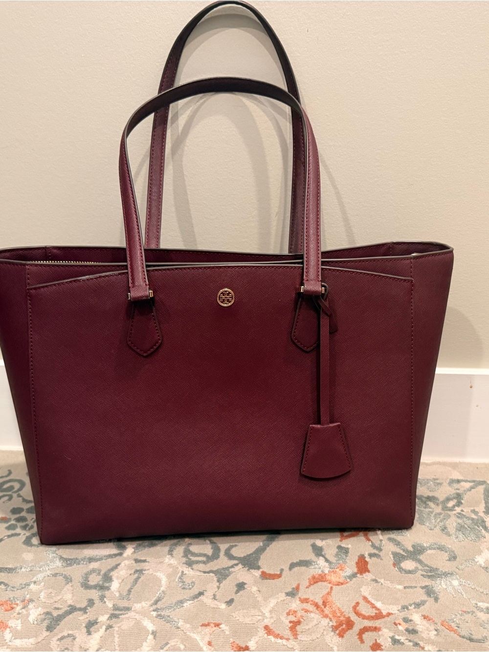 Tory Burch Wine Saffiano Leather Tote with Gold Logo